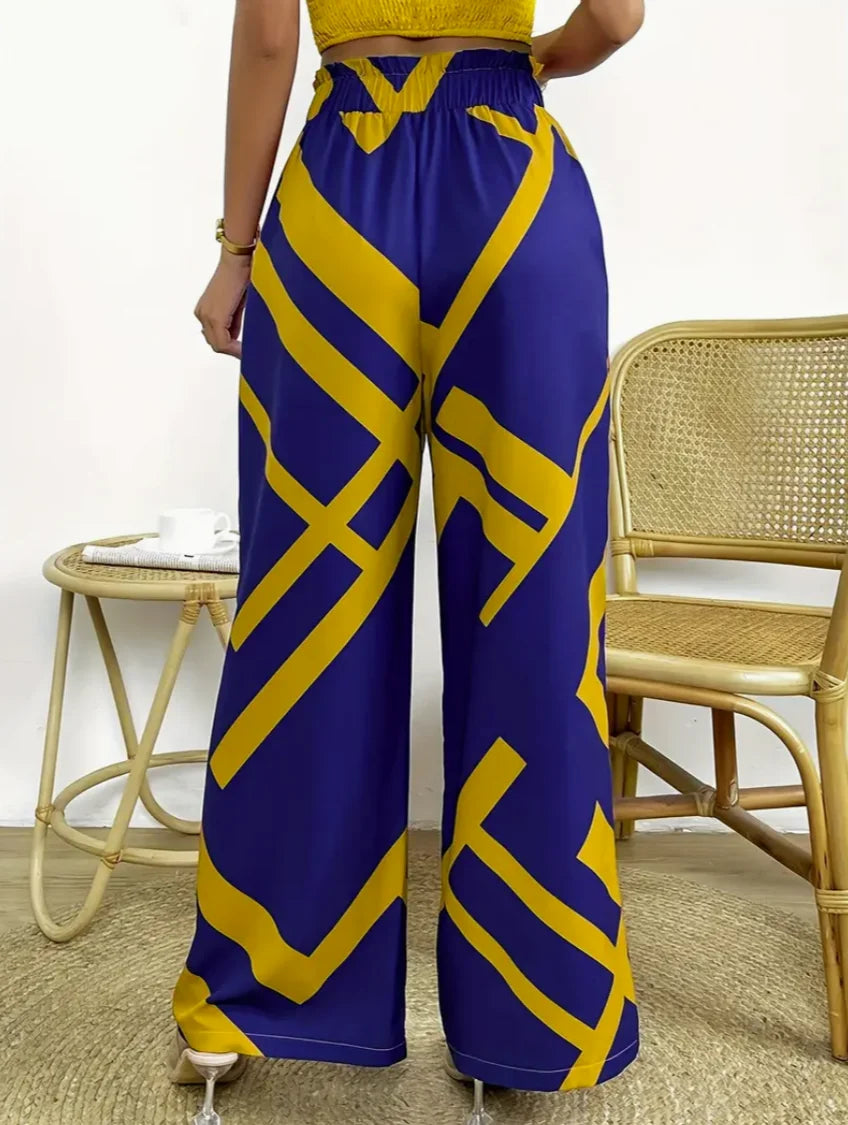 Geometric Pattern Print Wide Leg Pants Bow Front High Waist Pants For Every Day