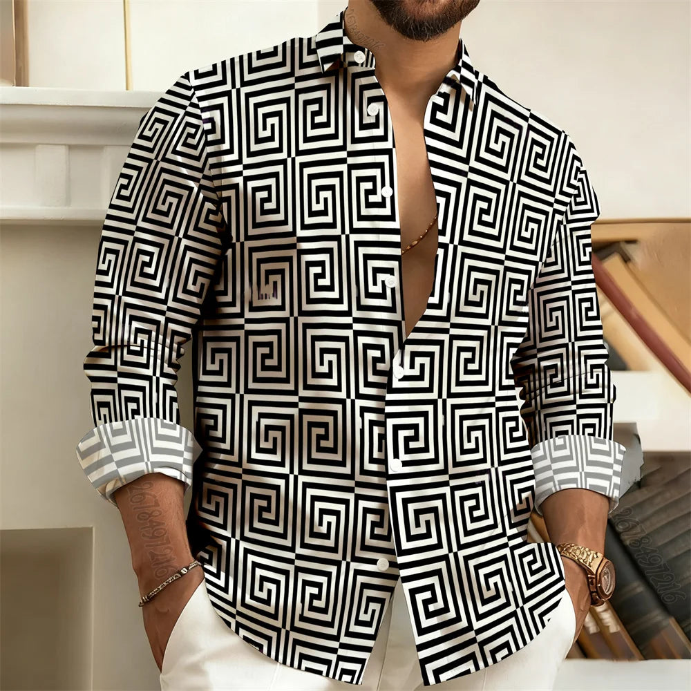 Long-Sleeved Polo Shirt, Vintage Print Style with Greek Key Pattern