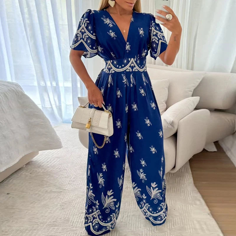 Vintage V Neck Long Pants Bohemian Printed High Waisted Loose Jumpsuit