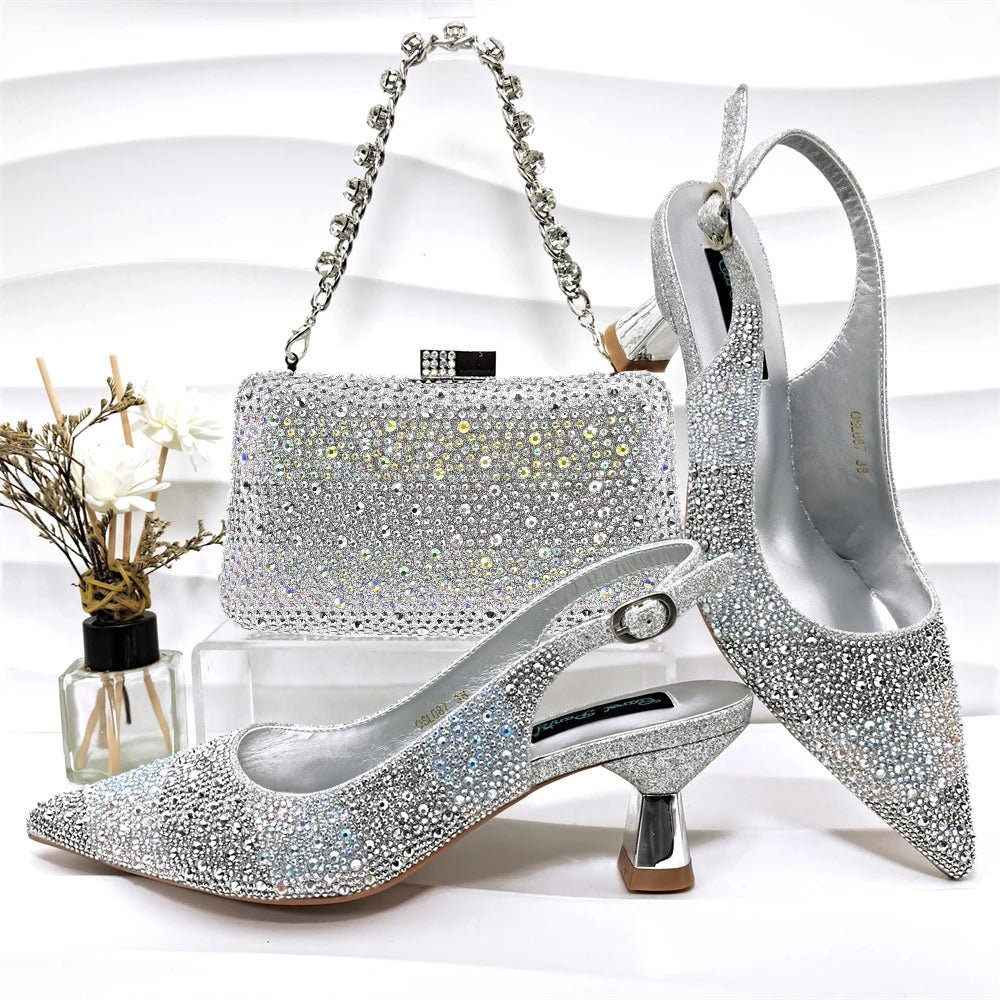 Italian Design Green Shoes And Bag Set Decorated with Rhinestone Handbag Wedding Party