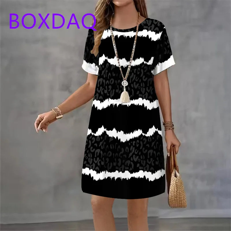 Geometric Stripe Printed Short Sleeve O-Neck Dress