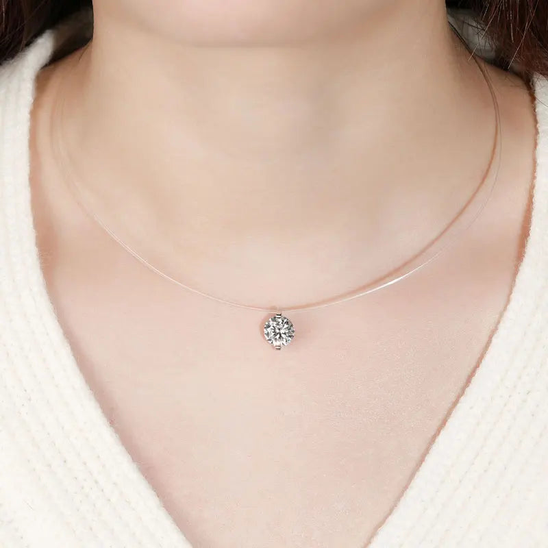 Silver Solitaire Necklace for Women Invisible Fish Line Chain