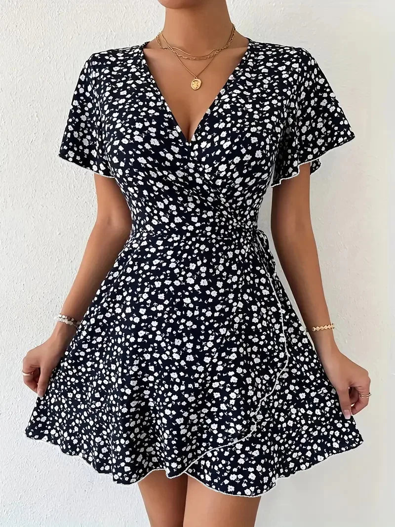 Women Sexy Printed A Line Dress Summer  V-Neck Short Sleeved Mini Dresses