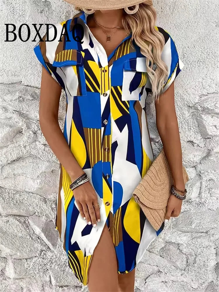 Summer Party Elegant Sundress Casual Button Lapel Shirts Dress