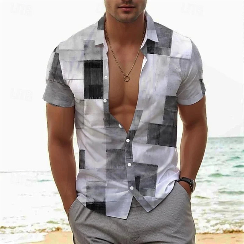 Men's Summer Patchwork Printed Button  Sleeve Shirt Tropical Vacation