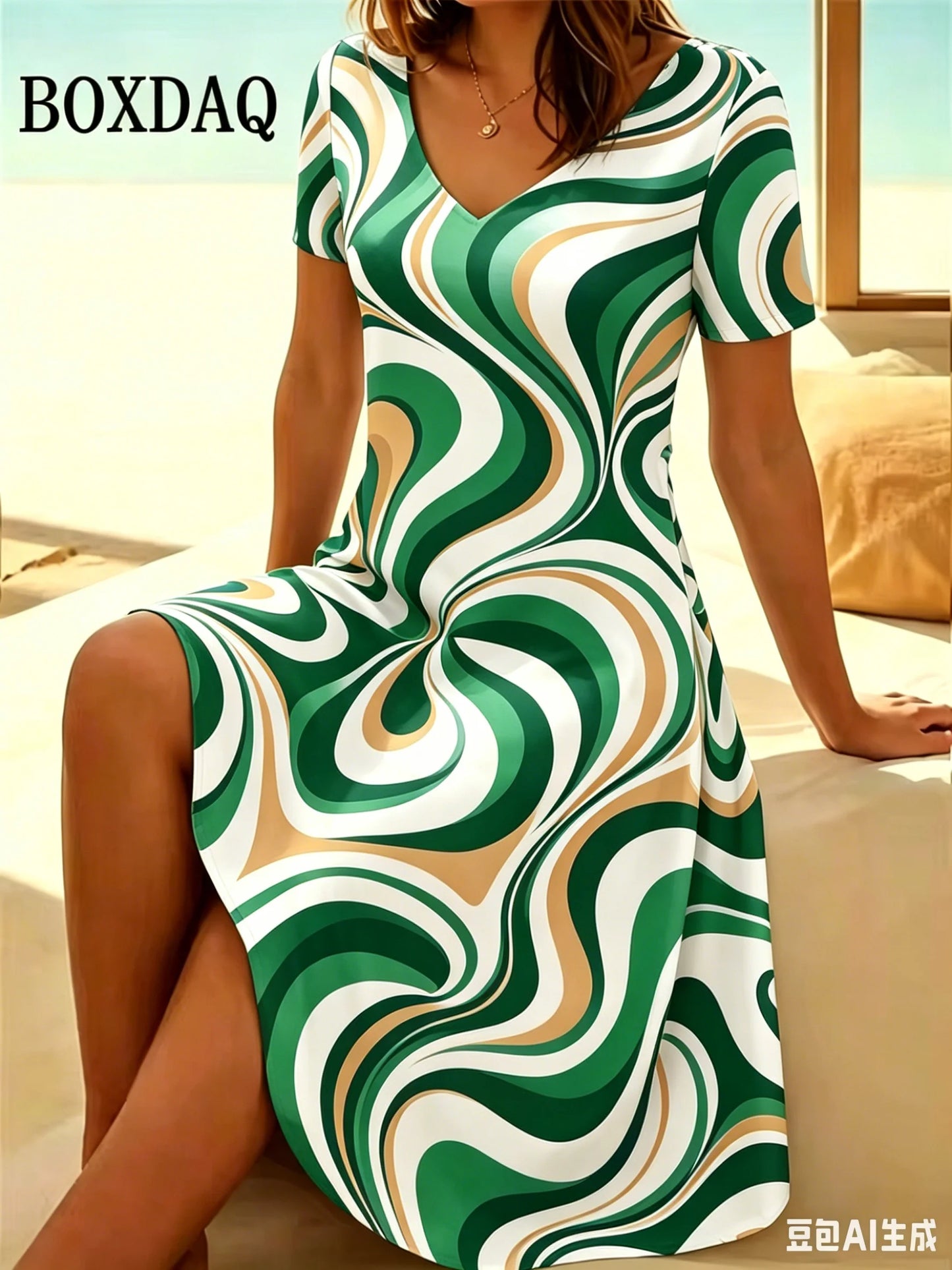 Elegant  Sleeve V-Neck A-Line Dress Summer Fashion