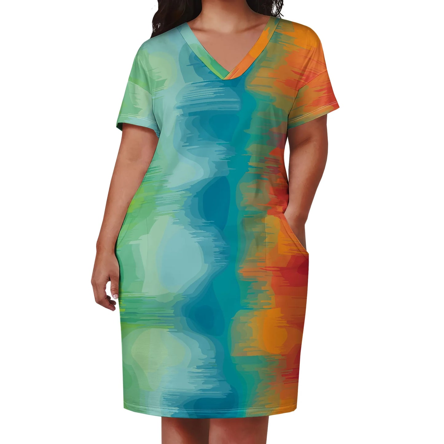 V Neck Short Sleeve with Front Two Pockets Solid Color Oversize Dress