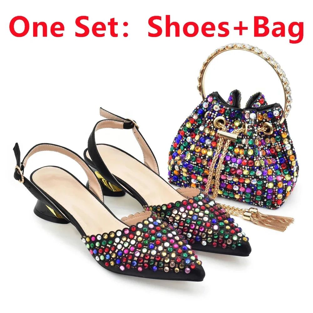 Italian Shoes with Matching Bags Set Decorated with Rhinestone