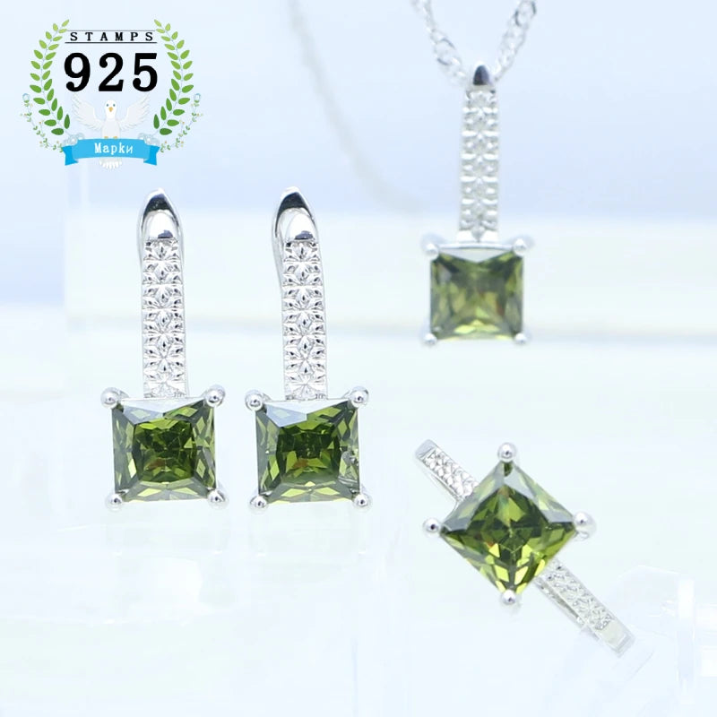 Woman Earrings Ring Pendant Necklace silver Jewelry Square Garnet Red Stone 3Set