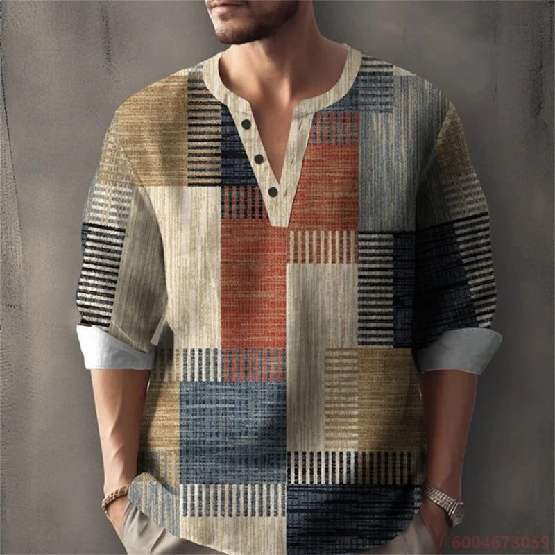 Long sleeved shirt for summer vacation, a color-blocked geometric print and Henley collar