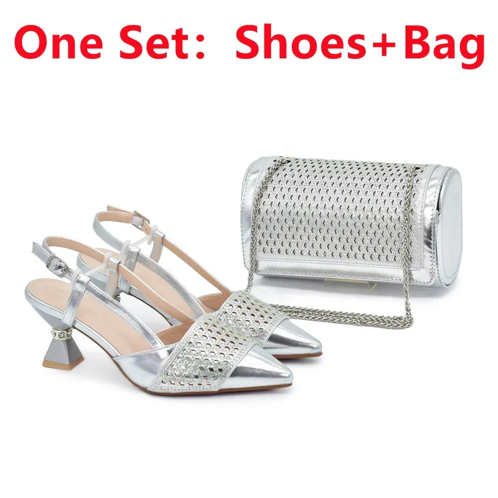 New Arrival Women Italian Shoes and Matching Bags Sets Decorated