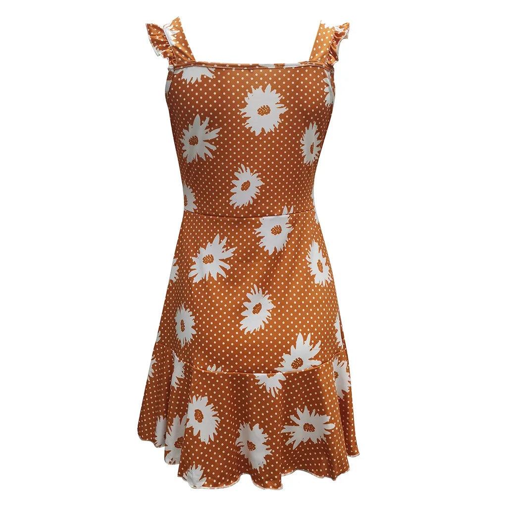 Breezy Sleeveless Dress with Vibrant Floral Print and Elegant V-Neck ﻿