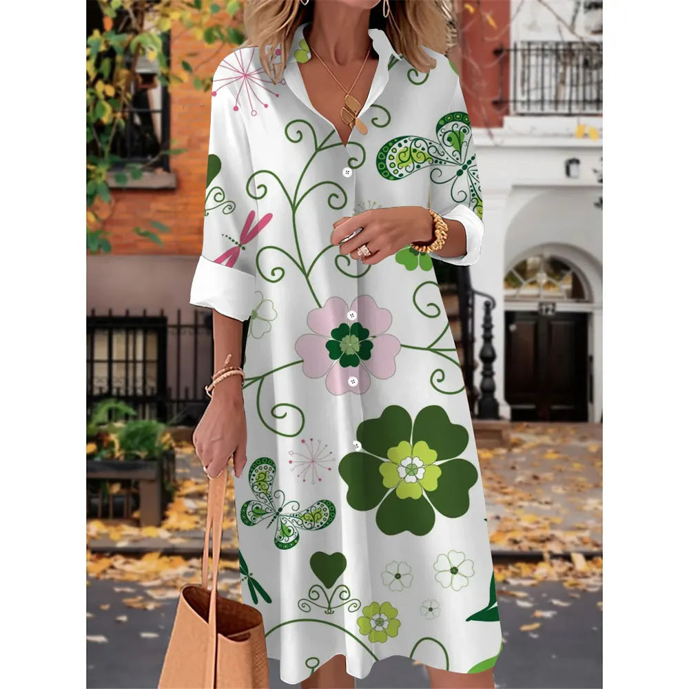 Printed V Neck Long Sleeves Button Sexy  Beach and Party Dress