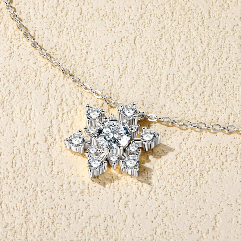 Round Cut Moissanite Snowflake Pendant Silver Necklaces