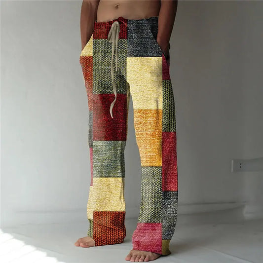 Men's Color Block Geometric Pattern Pants Trousers Mid Waist Drawstring Elastic Waist Casual Outdoor Wide-leg Trousers for Men