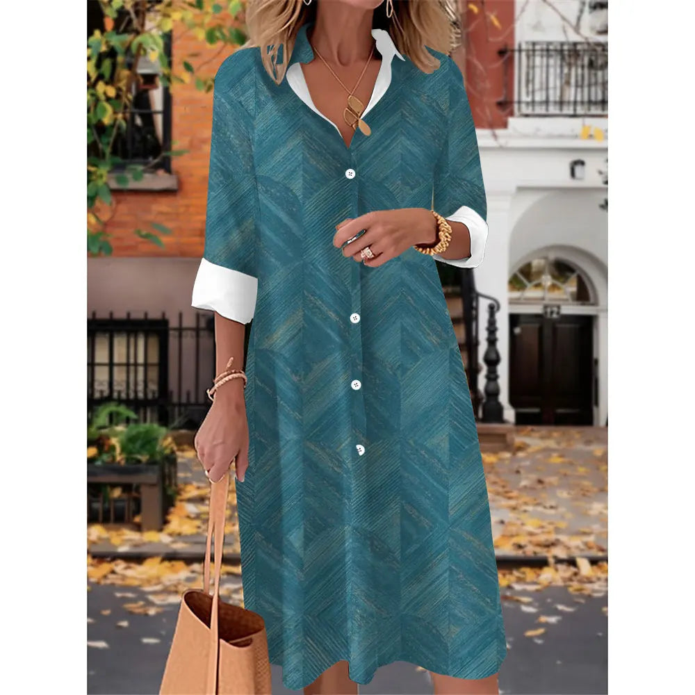 Printed V Neck Long Sleeves Button Sexy  Beach and Party Dress