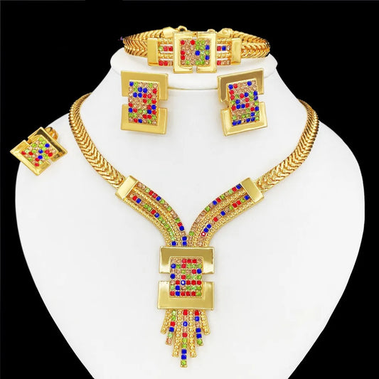 Gold Plated Jewelry Set Charm Necklace Bracelet Earring Ring