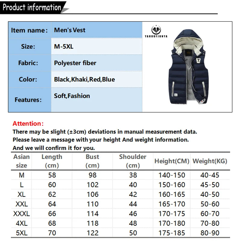 Sleeveless Warm Detachable Hooded Vest Jackets For MenSolid Color Outdoors Windproof
