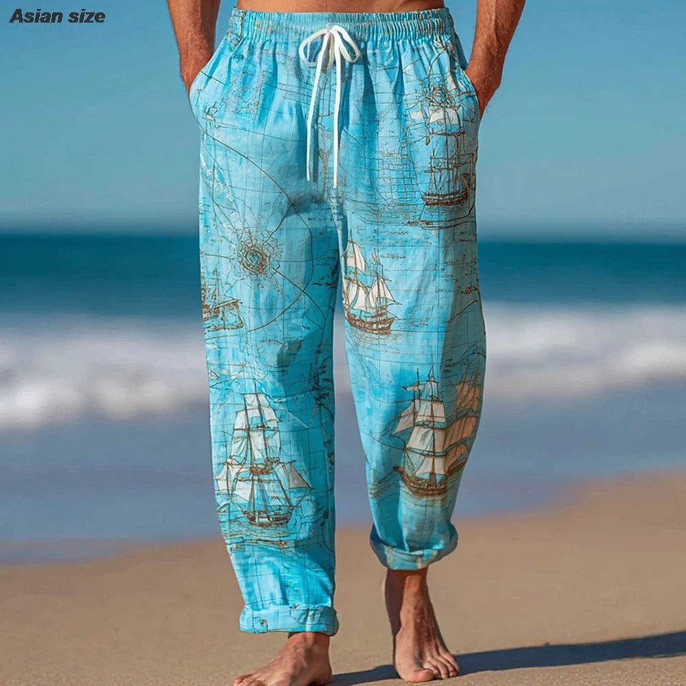 Men's Nautical Compass Sailboat Trousers Baggy Pants Casual Pant Mid Waist