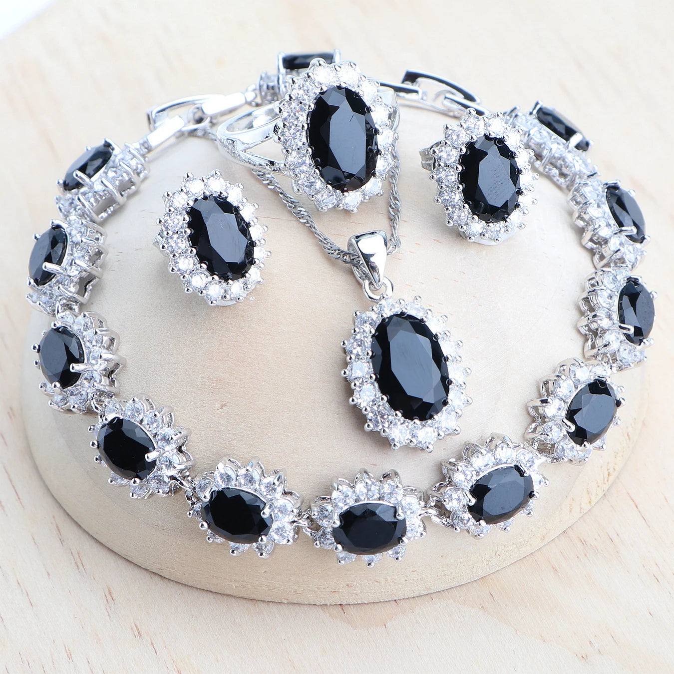 Silver jewelry 4Sets Blue Zirconia Costume Fine Jewellery  Necklace Earrings Rings Bracelets Pendant