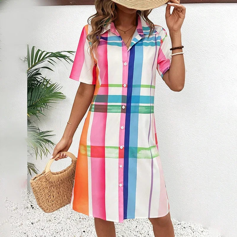 Summer Striped Printed Outdoor Sleeve Dresses Single Breasted