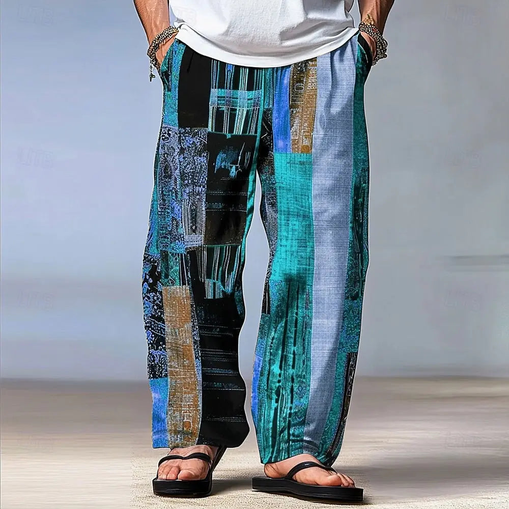 Block Patchwork  Trousers Mid Waist Drawstring Elastic Waist Straight Leg Trousers