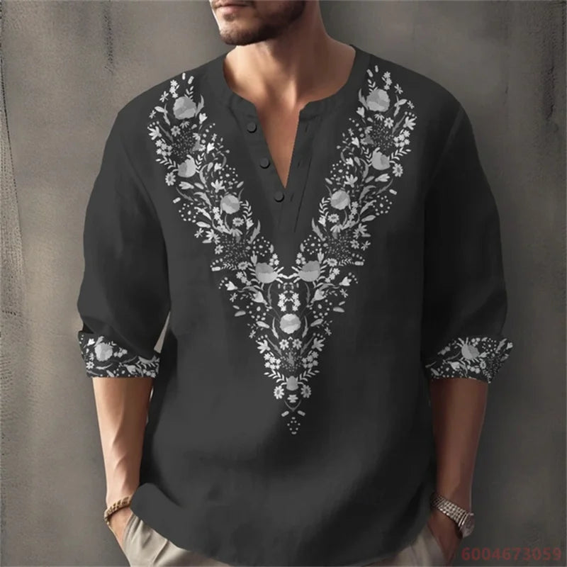 Long sleeved shirt for summer vacation, a color-blocked geometric print and Henley collar