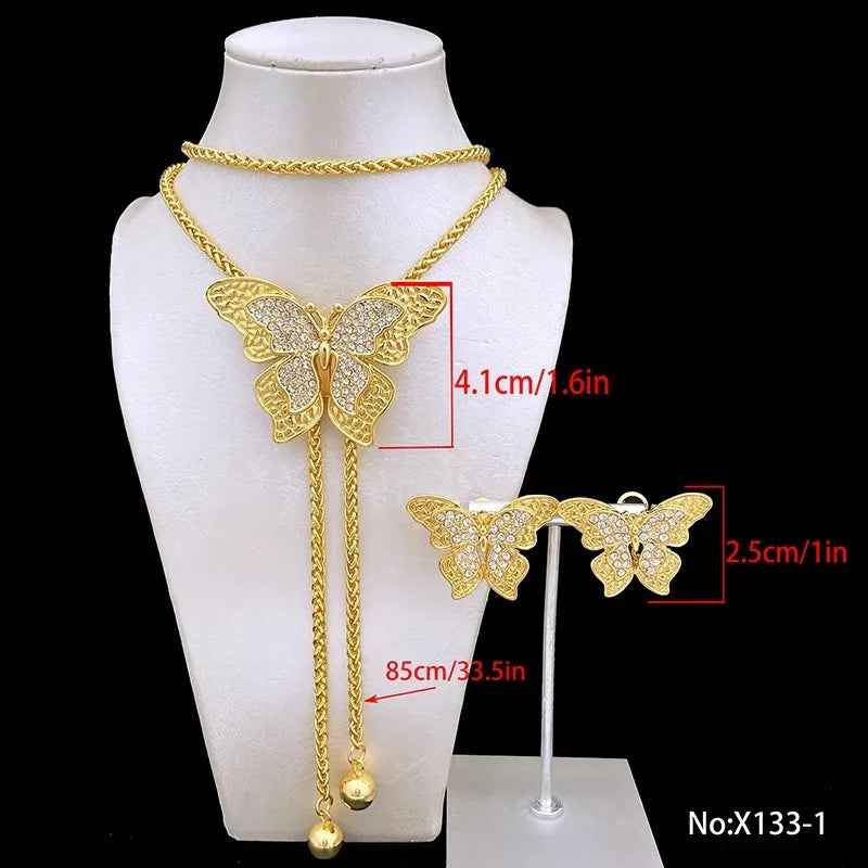 Elegant Butterfly Jewelry Long Necklace Earring Set Adjustable Length