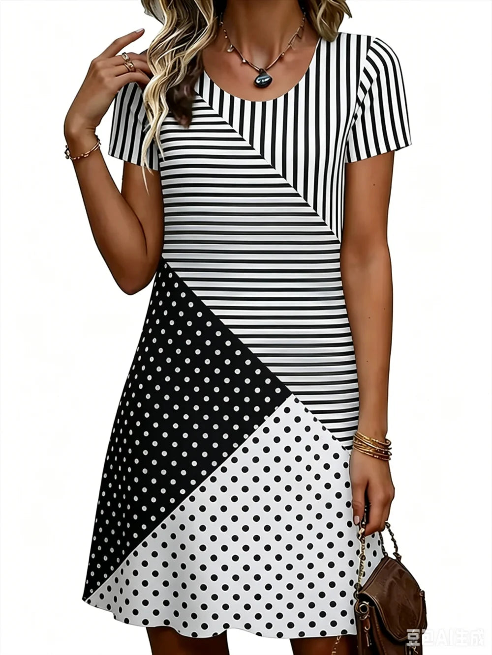 Striped Polka Dot Simple Printed Short Sleeve Dress