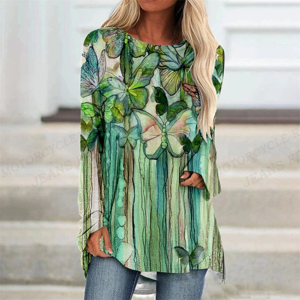 Plant Flowers T Shirt Long Sleeve Butterfly Tops