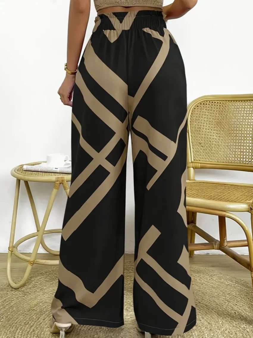 Geometric Pattern Print Wide Leg Pants Bow Front High Waist Pants For Every Day