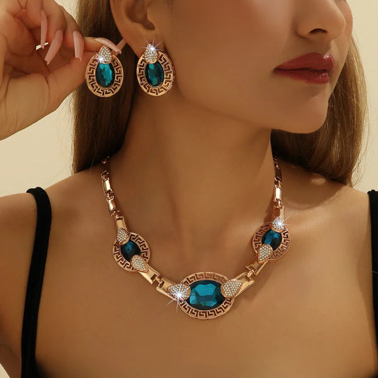 Elegant Blue Crystal Gold-plated Necklace and Earrings Suite