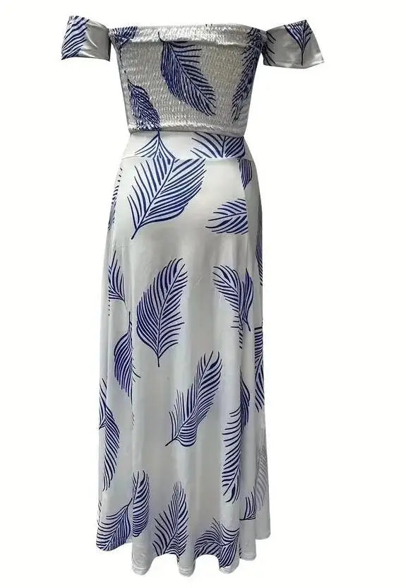 Bohemian Two-piece Set Women's Off-shoulder Elastic Solid Color Vest With feather Print High Waist Slit Skirt Set