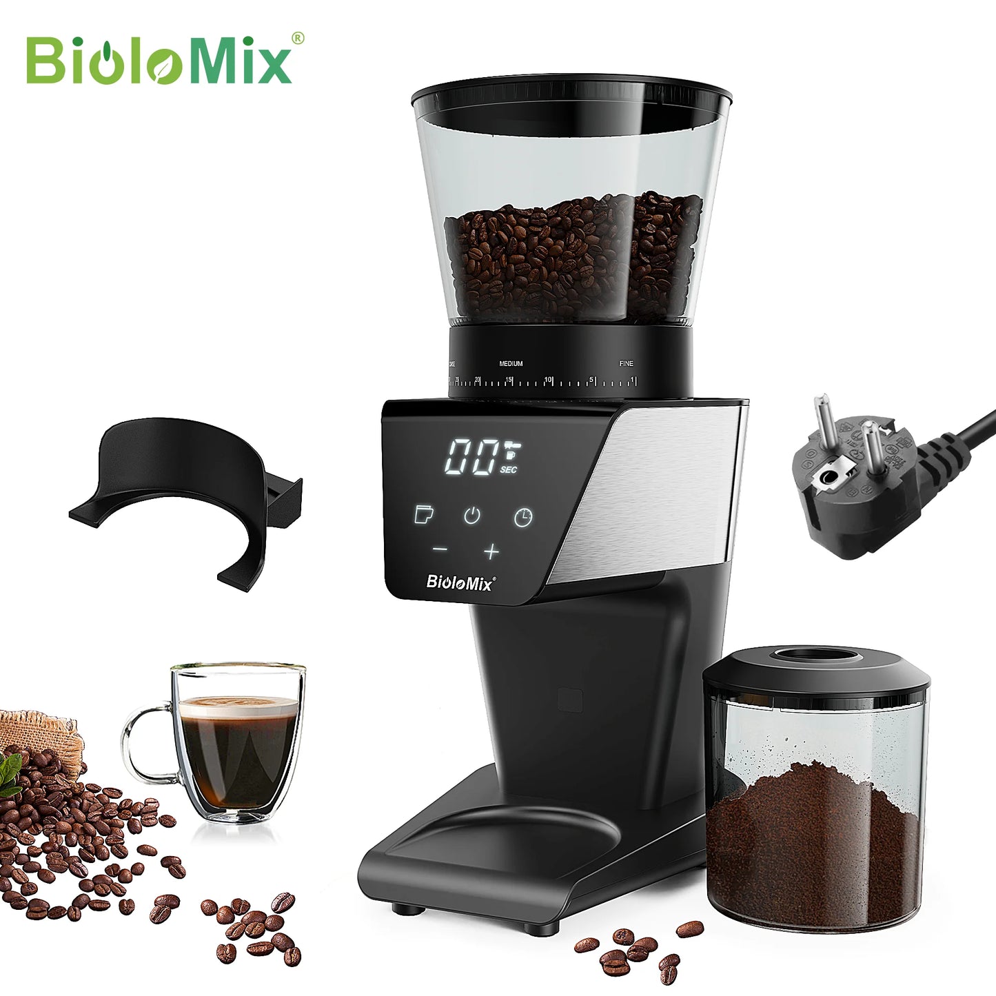 BioloMix Electric Coffee Grinder with Magnetic Ring - 30 Precise Grind Settings for Espresso, American, and Pour Over Coffee, Au