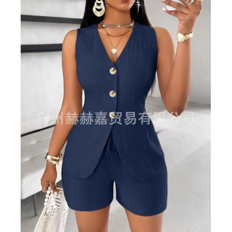 Cotton Linen Shorts Sets Solid Color V-Neck Slim Tops Office Lady Shorts Suits