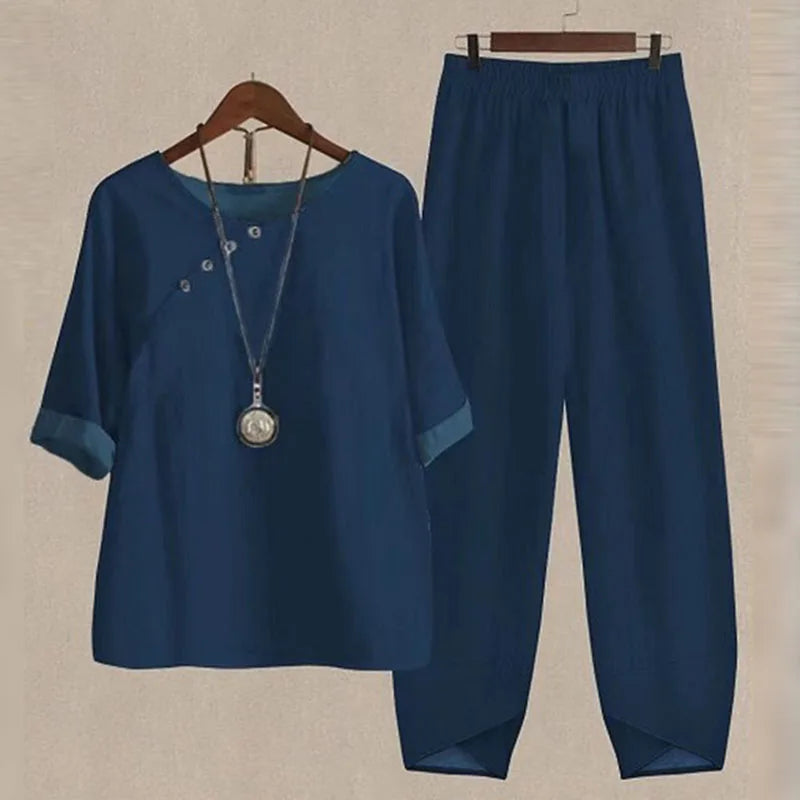 Summer 2 Piece Set Sleeve Shirt Top High Waist Pant
