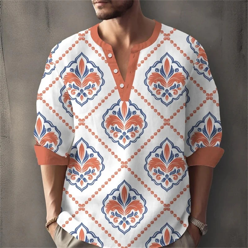 Long sleeved shirt for summer vacation, a color-blocked geometric print and Henley collar
