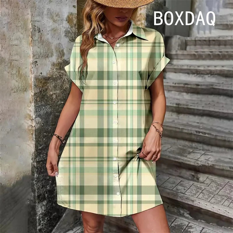 Elegant Vintage Striped Print  Short Sleeve With Button  Dress