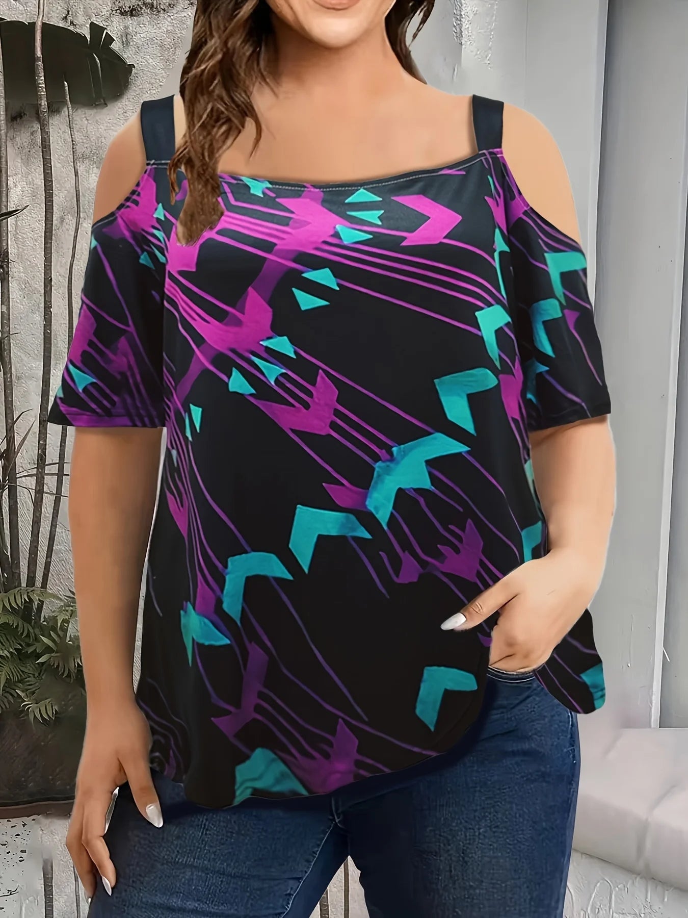 Summer new fashion strap off-the-shoulder multi-color print  short sleeve t-shirt