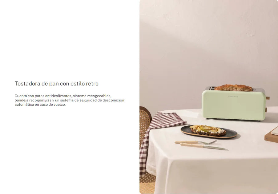 TOAST RETRO XL - Retro toaster with 2 extra wide slots, 1500W power, 6 browning levels, and cancel function, perfect for breakfast preparation. Ideal for large slices and easy to use in any kitchen.