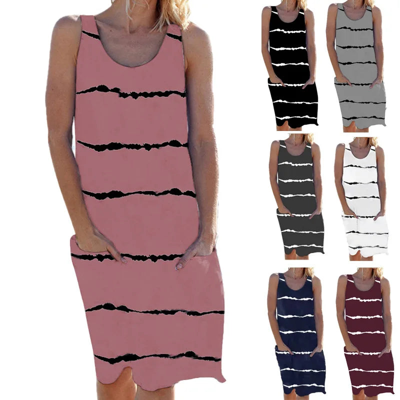 Stripe Print Pocket Sleeveless Knee Vacation And Party Dress