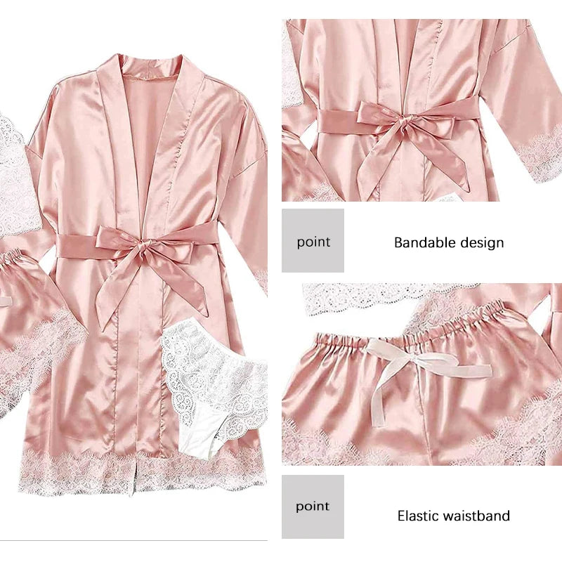 4 Pieces Lace Satin With Silk Sleepwear Robe Comfortable Nightwear
