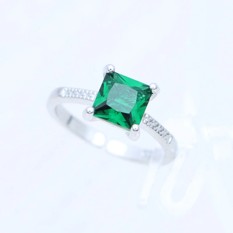 Sterling Silver Jewelry 3Set for Women Square Emerald Open Ring Earrings Pendant Necklace Free Gift Box