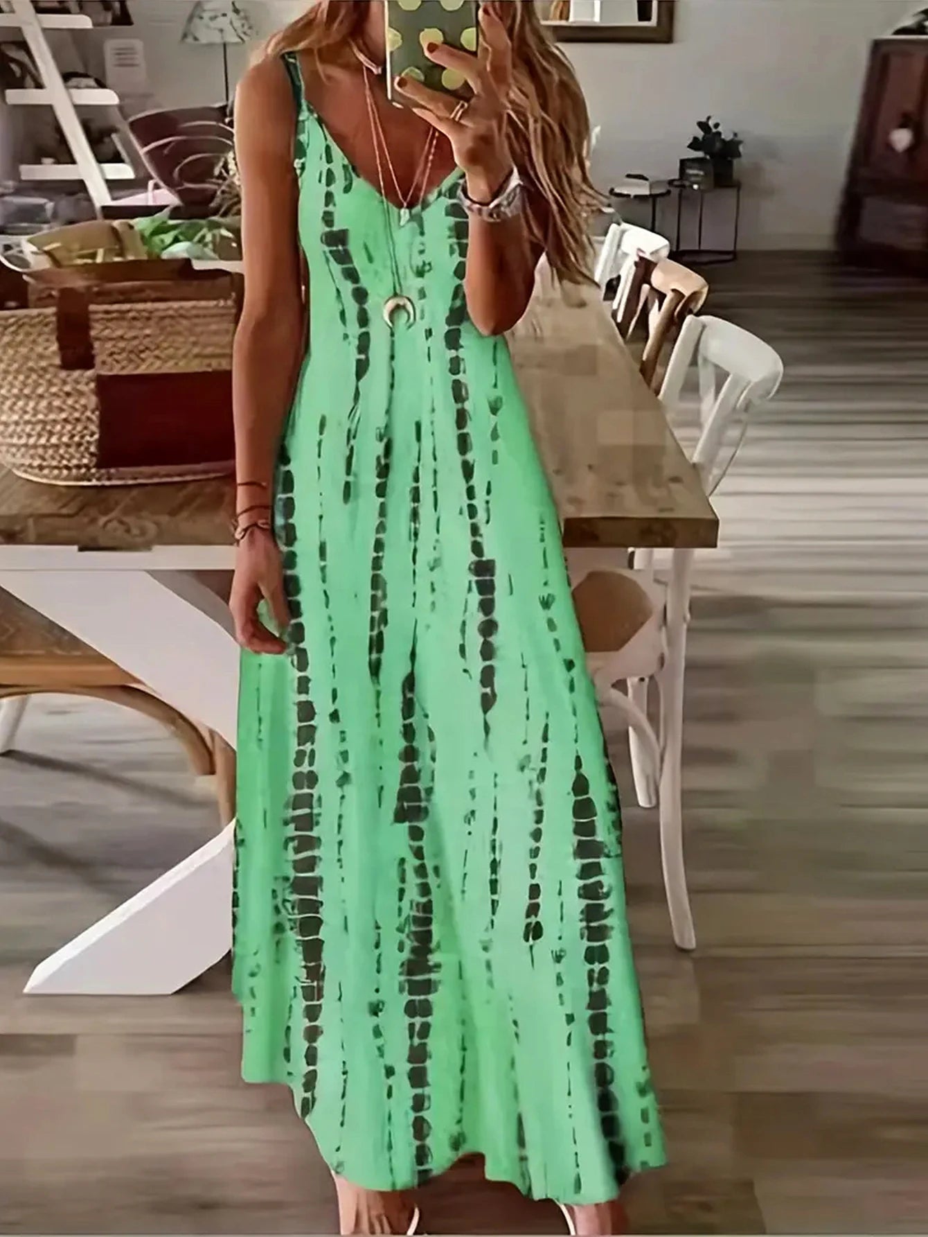 V-neck Spaghetti Maxi Summer Beach Vacational Long Dress