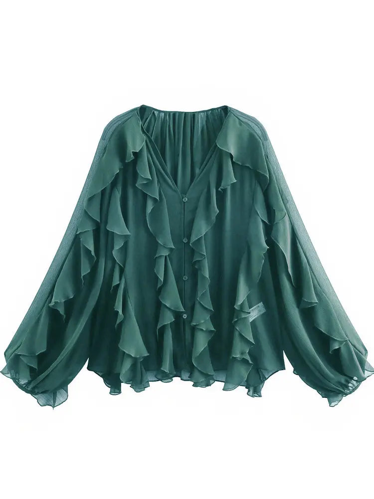 Loose Long Sleeve Layered Shirts Office Lady Vintage V-neck T