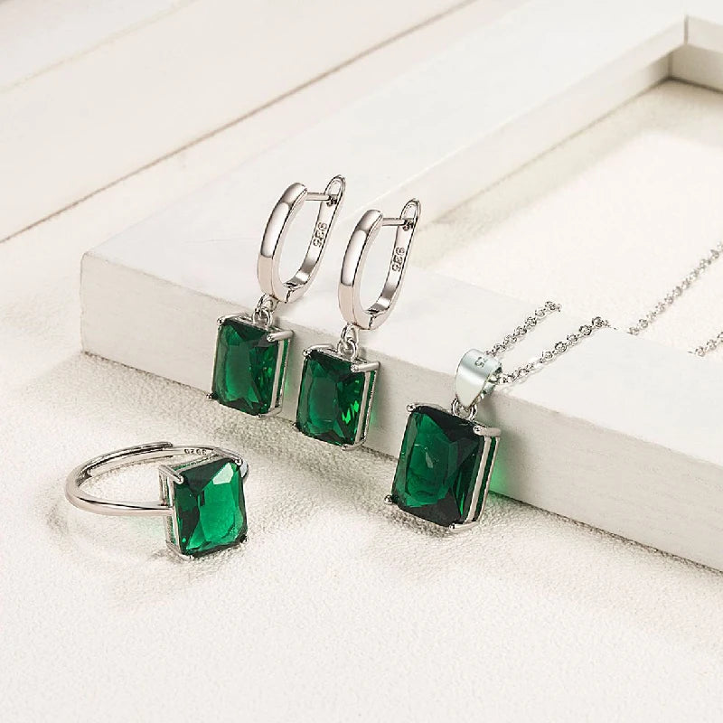 Jewelry Set Earrings Ring Pendant Necklace Rectangle Shape Zircon 925 Silver Accessories for Women Wedding Party Gifts
