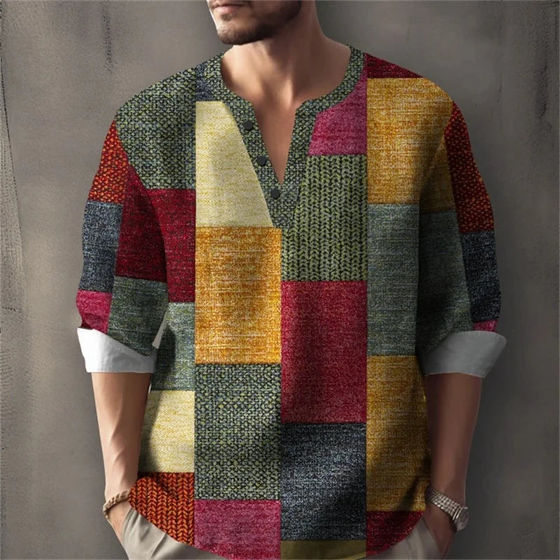Long sleeved shirt for summer vacation, a color-blocked geometric print and Henley collar