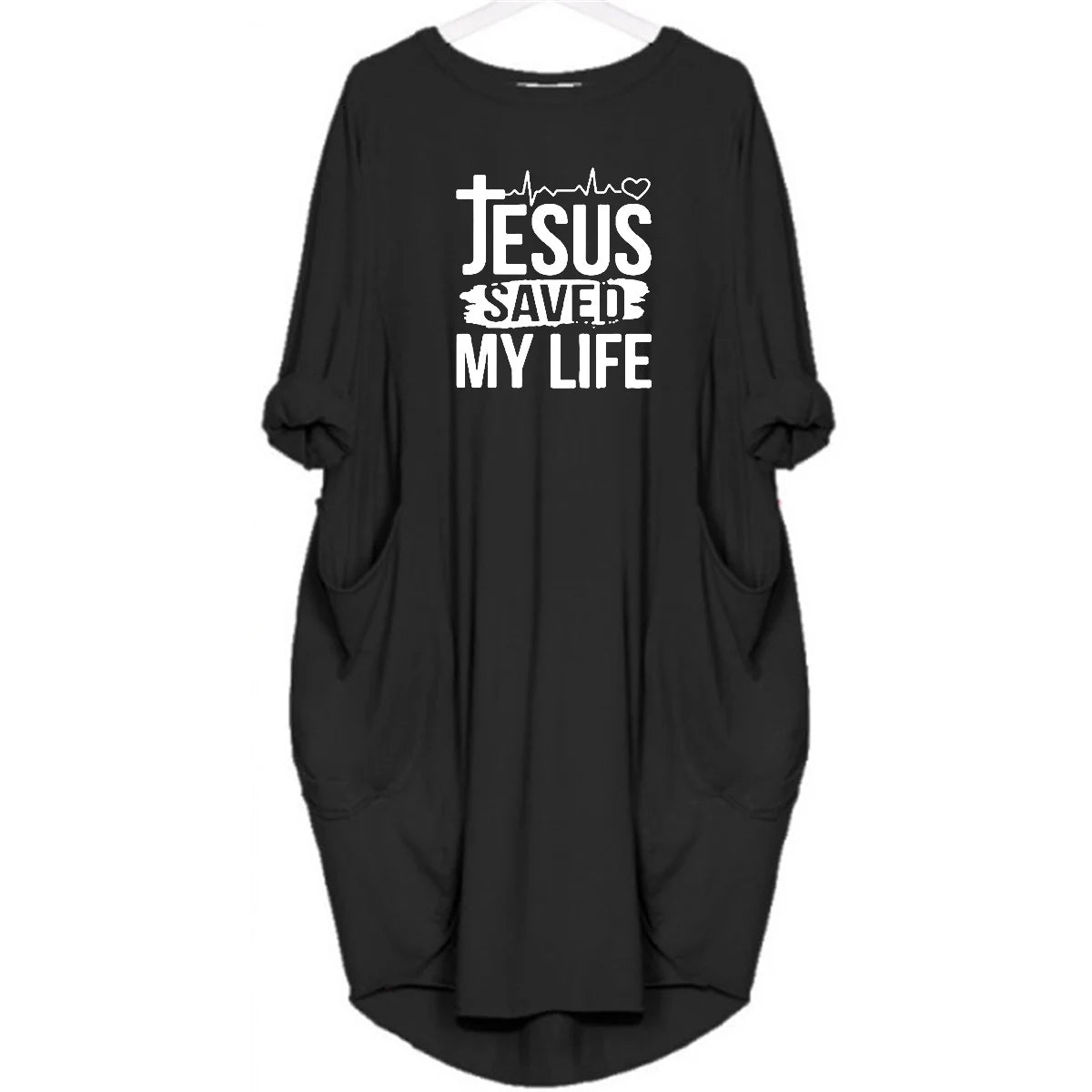 JESUS SAVED MYLIFE Print Round Neck Long Sleeve Pocket Comfortable Dress