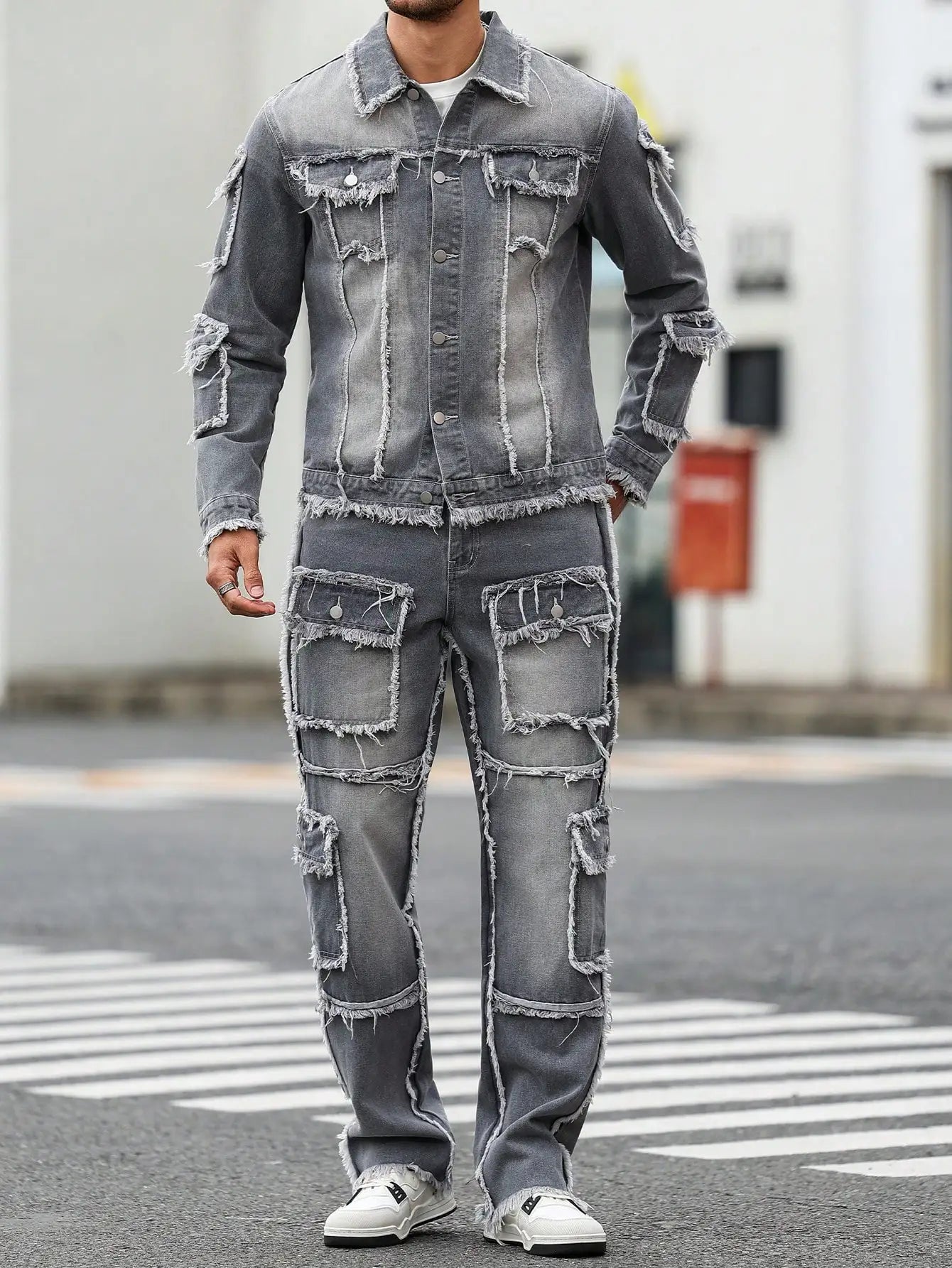 Men's Street Style Raw-Hem Grey Denim Set, a minimalist and fashionable two-piece