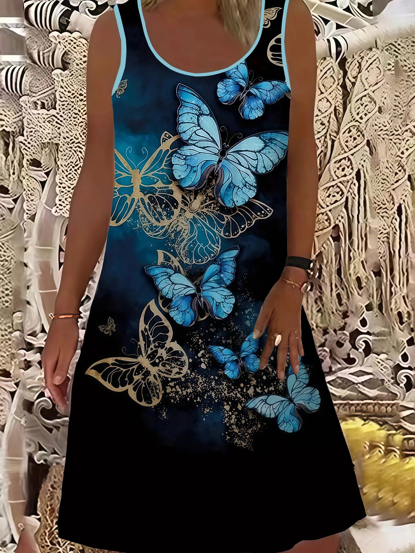 elegant round neck ethnic style print large size sleeveless women's dress